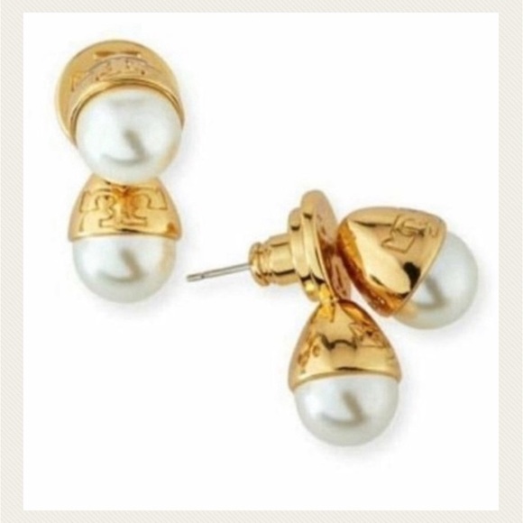 🆕 Tory Burch Authentic Unique Double Pearl With Logo Stud Earrings - Picture 2 of 9
